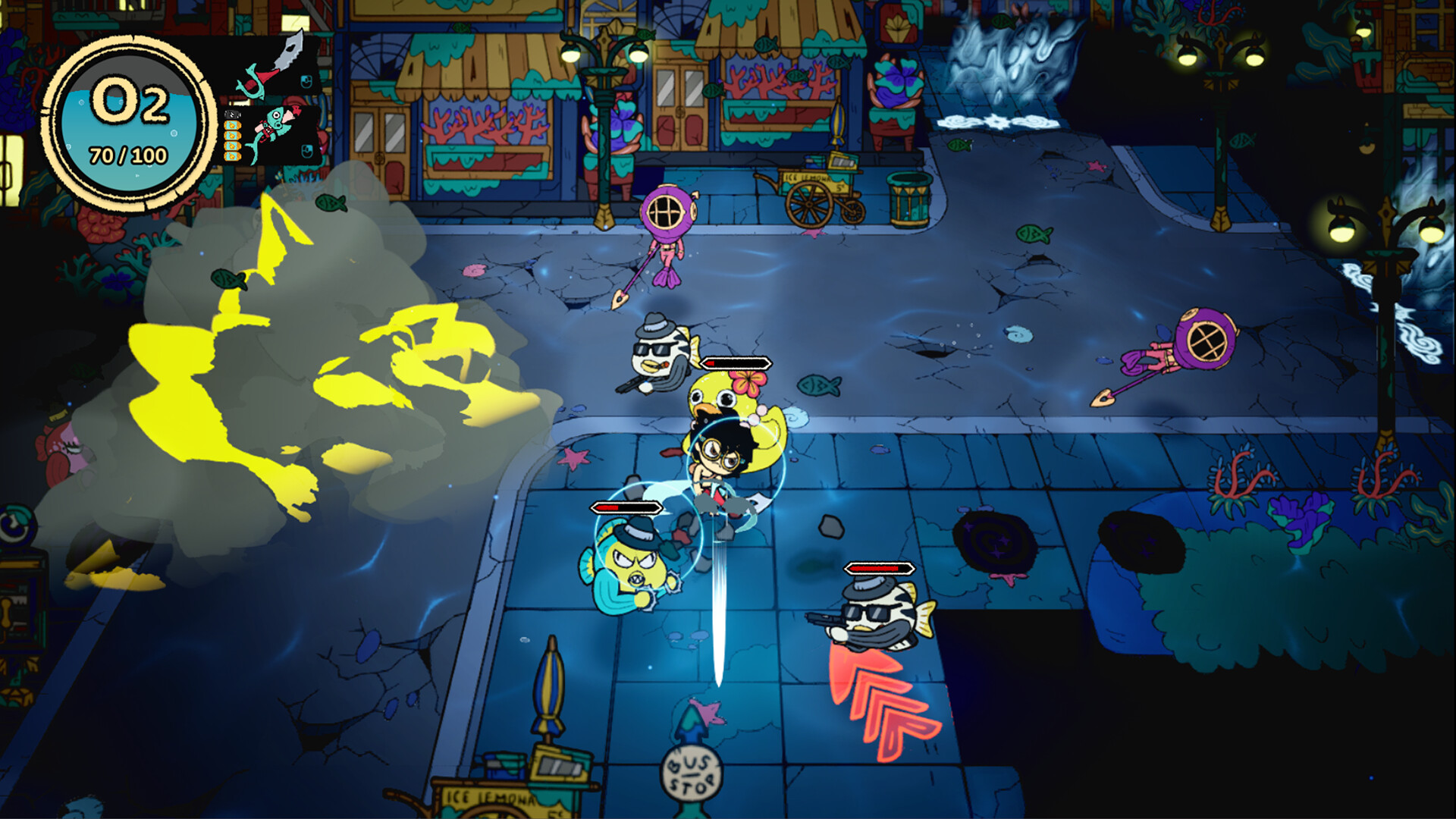 Combat scene in a sunken city street with fish enemies in fedoras and jellyfish with spears, ice lemonade cart visible