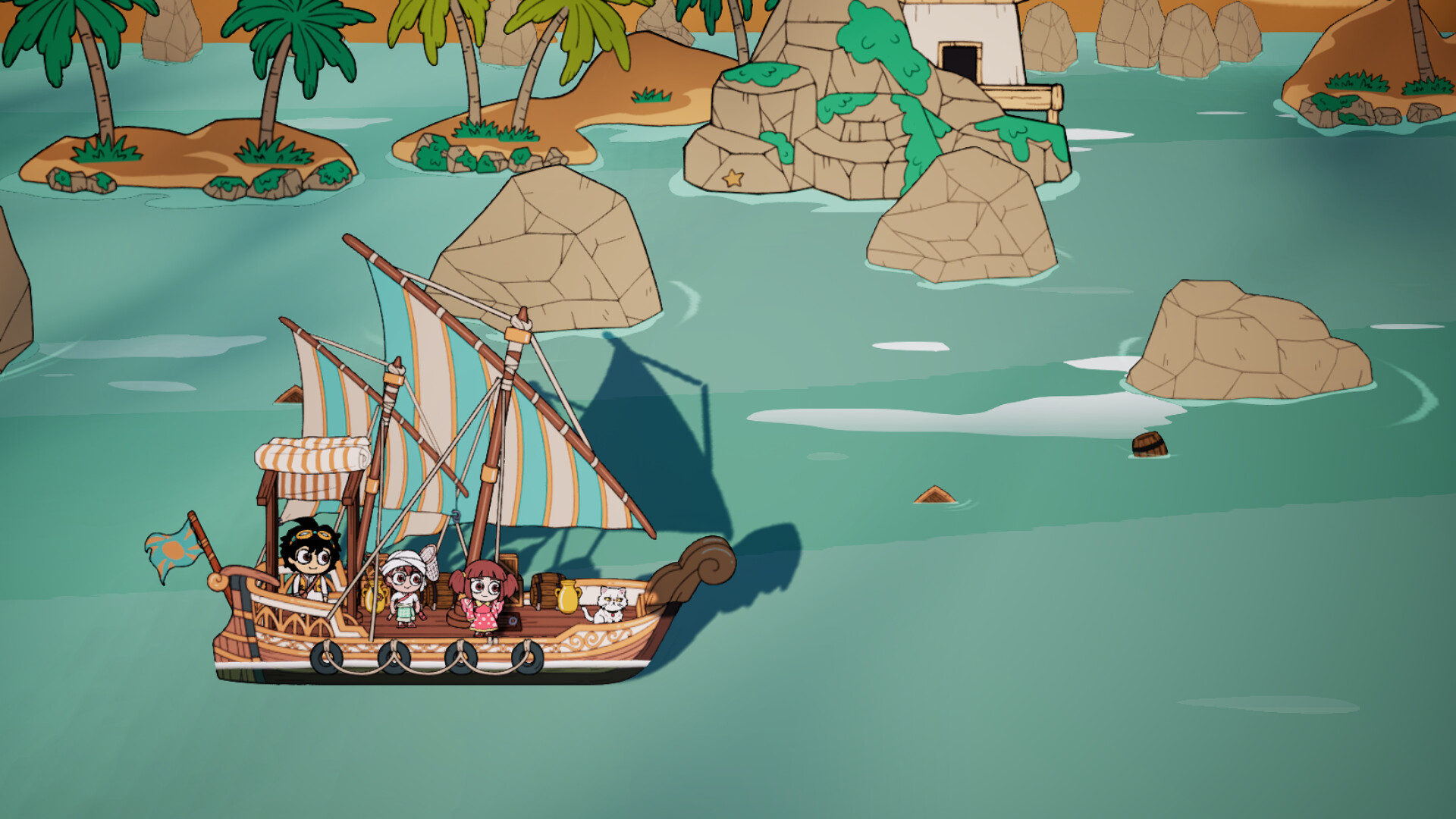 Mansour sailing a small ship through tropical waters with crew members, approaching island ruins