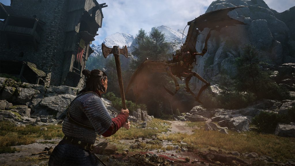 Coen battles a flying creature in a rocky outdoor area near a castle during combat