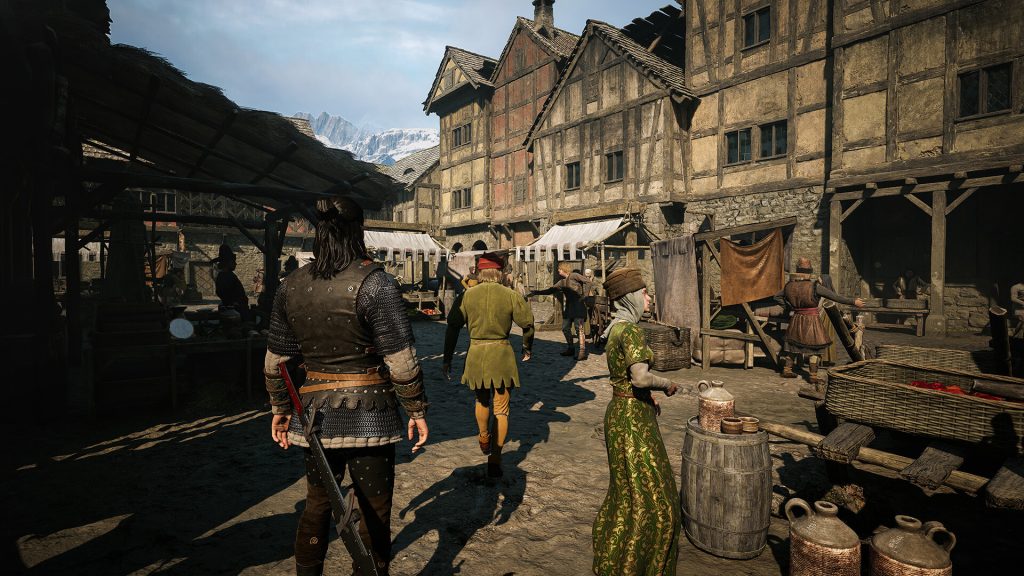 Third-person view of a character exploring a medieval town square with NPCs