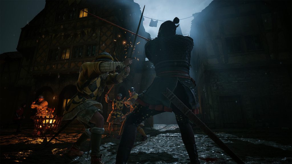 A warrior fights armored soldiers on a rainy medieval street at night