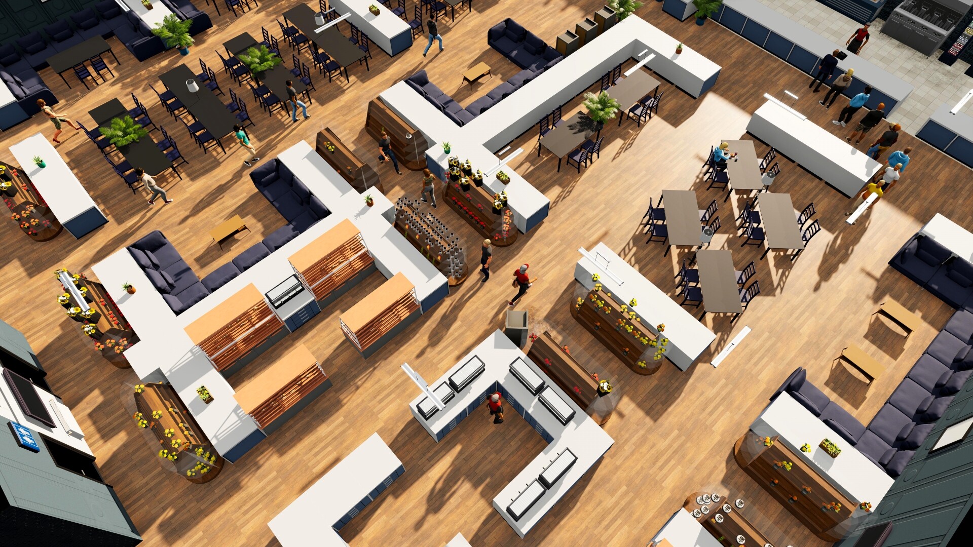 Interior view of a modern office cafeteria in Big Ambitions, showing employees at tables and food service counters