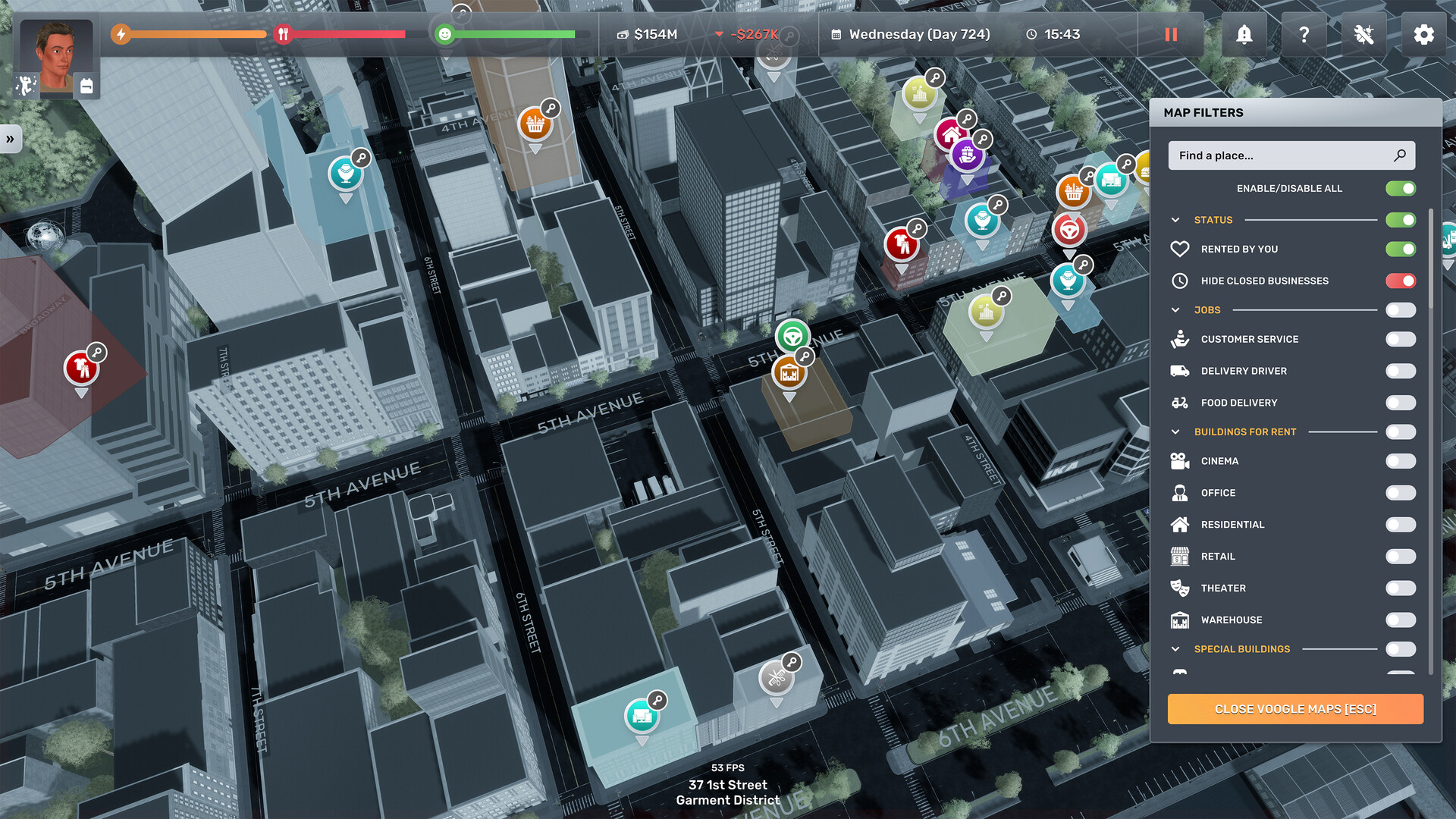 NYC city map view in Big Ambitions showing the Voogle Maps interface with business icons and district labels
