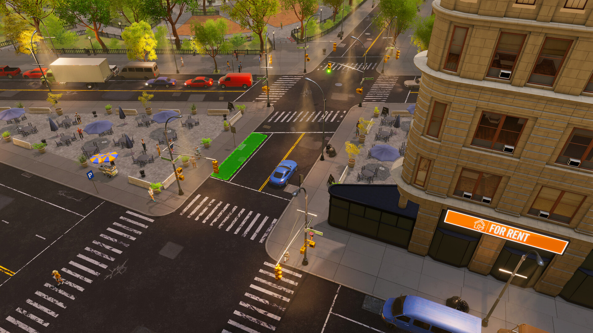 A busy New York City street corner in Big Ambitions showing a building with a FOR RENT banner and traffic on the road