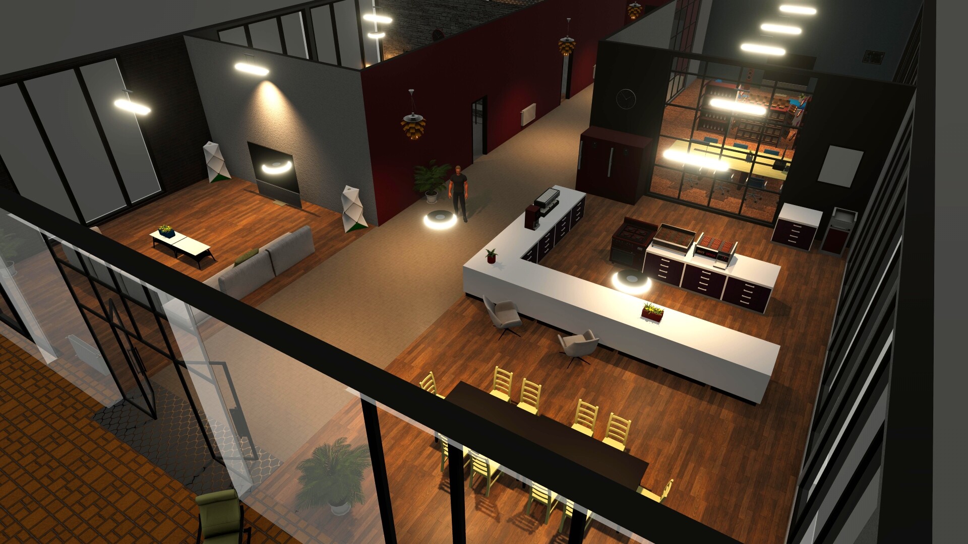 A custom-designed restaurant interior in Big Ambitions with a kitchen area, dining tables, and a lounge section