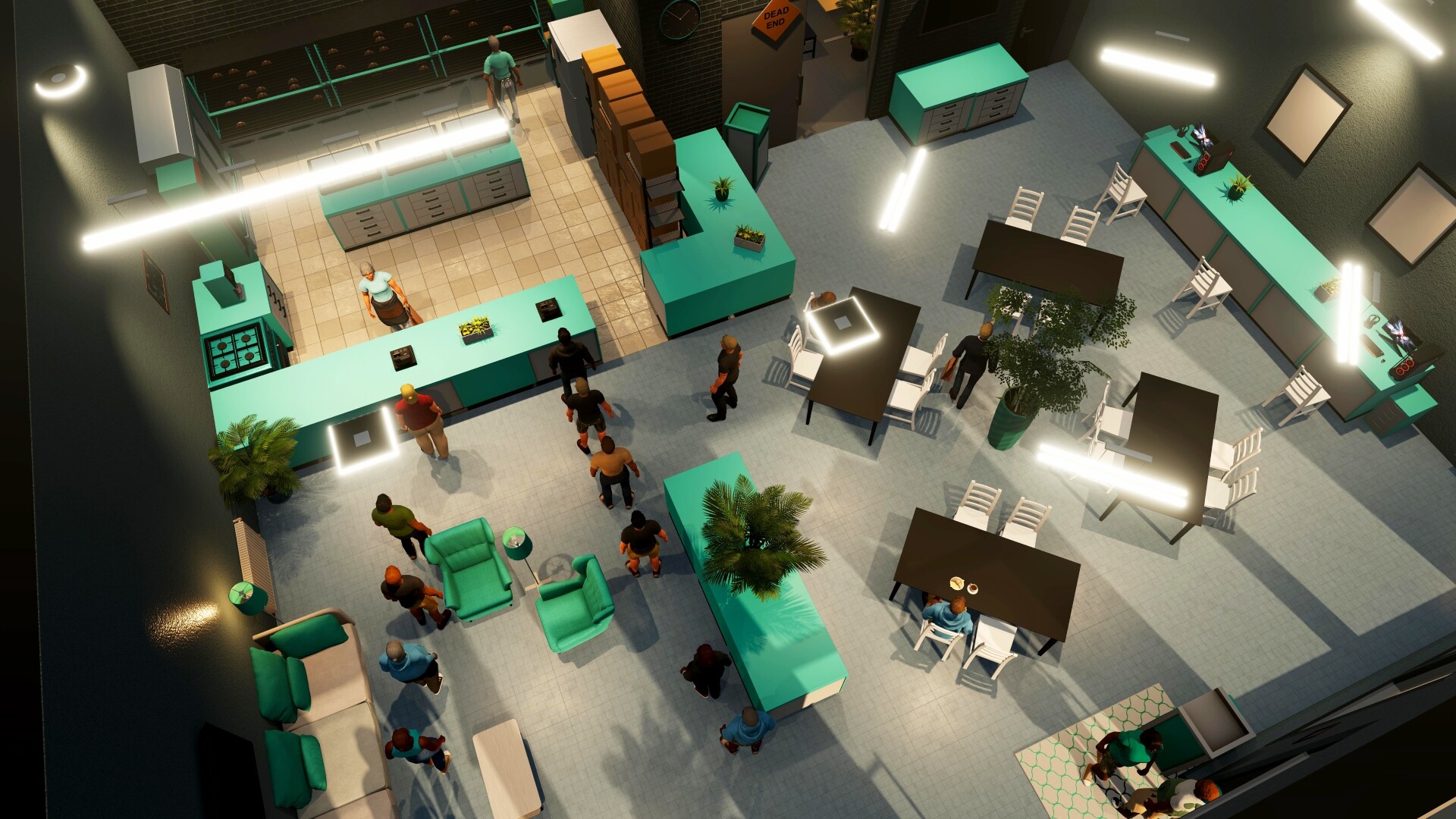 A busy restaurant interior in Big Ambitions with customers at tables and staff working in the kitchen