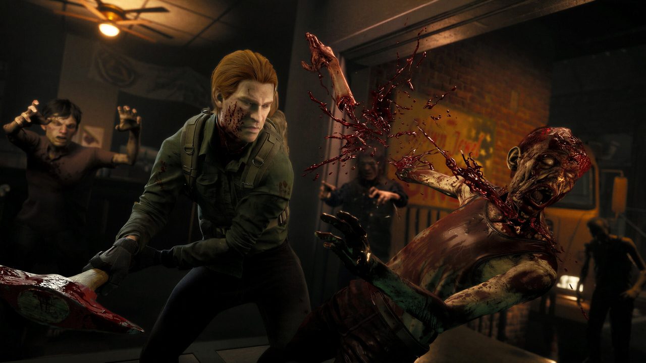 An operative moves through a dark corridor, flashlight cutting through the gloom as zombies lurk in the shadows