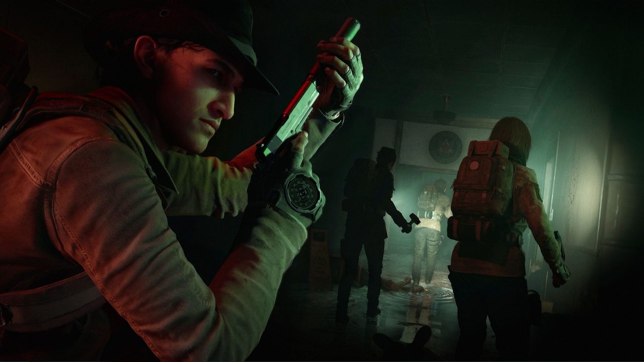 A squad of four responders moving cautiously through a dark hospital corridor, weapons drawn