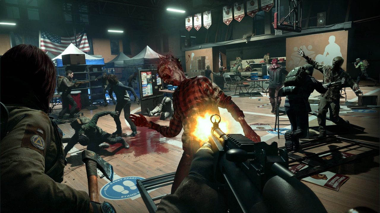Eight-player squad in a tense standoff against a massive zombie horde in a dimly lit environment