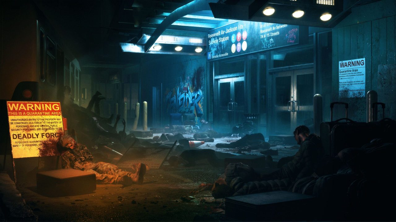 The abandoned subway station environment with dim lighting and debris scattered across the tracks