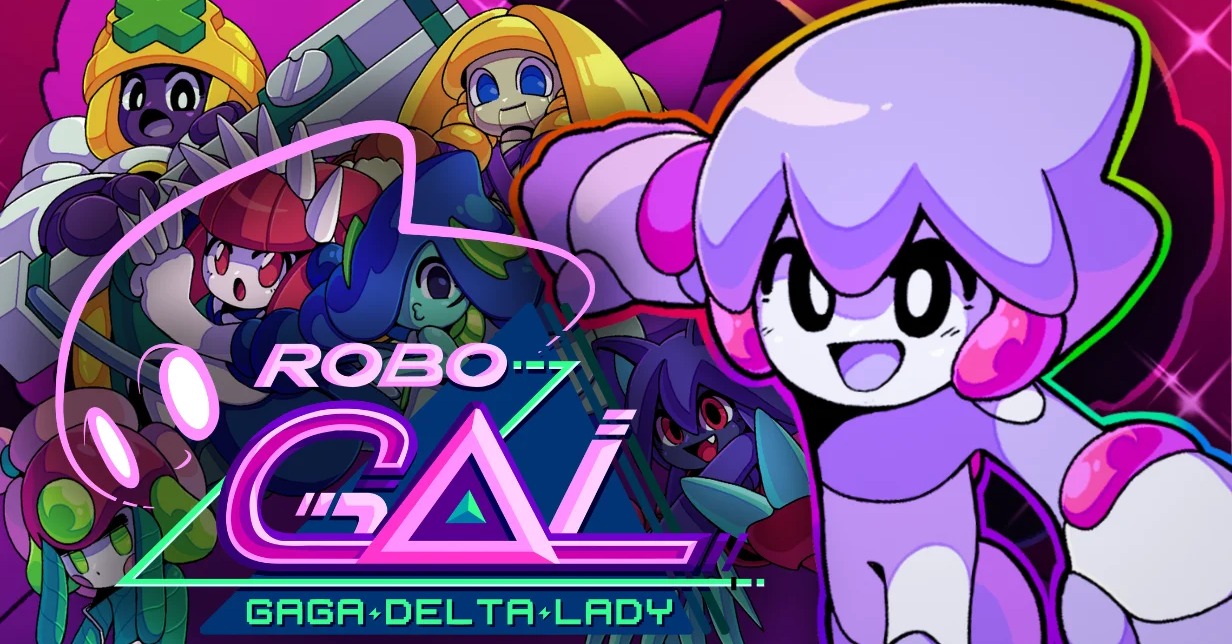 Official key art for RoboGAL: Gaga Delta Lady showing Rei-Bo and the game's robot cast with the logo
