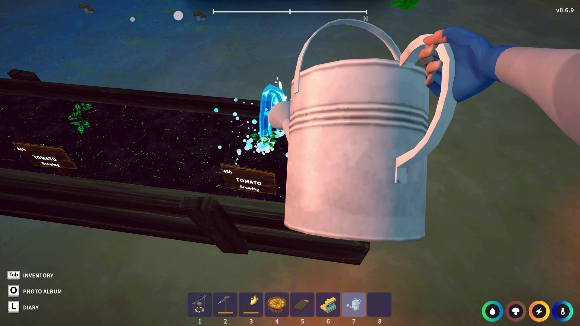 Under Canopies — watering a wooden planter of growing tomatoes at night with the survival HUD visible