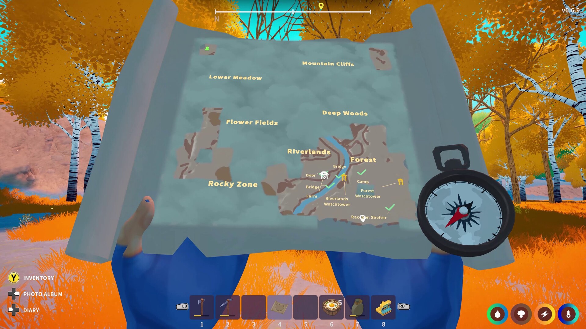 Under Canopies — the in-game map and compass charting the Deep Woods and Flower Fields regions
