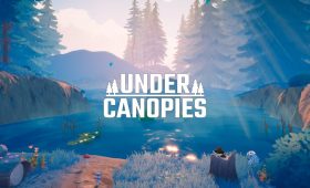 The Under Canopies logo over a sunlit forest lake