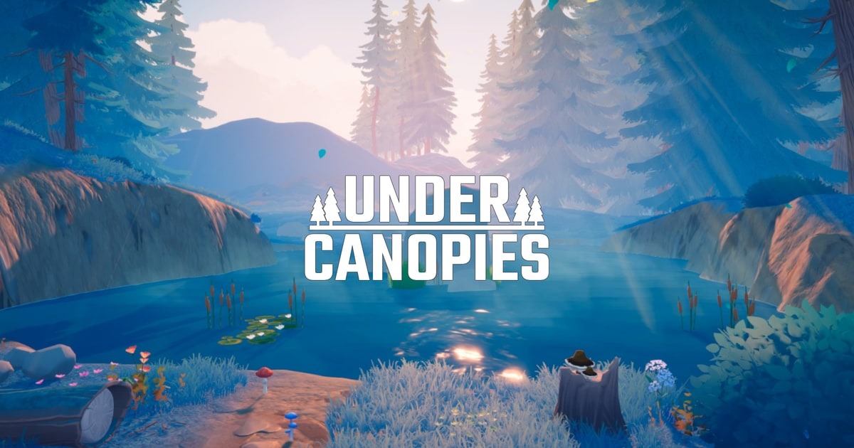 The Under Canopies logo over a sunlit forest lake