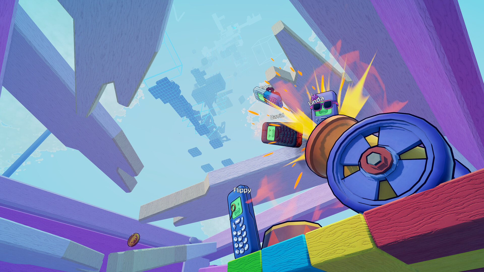 Flipping is Hard — chaotic co-op moment with multiple phones around a giant valve wheel amid fire and sparks