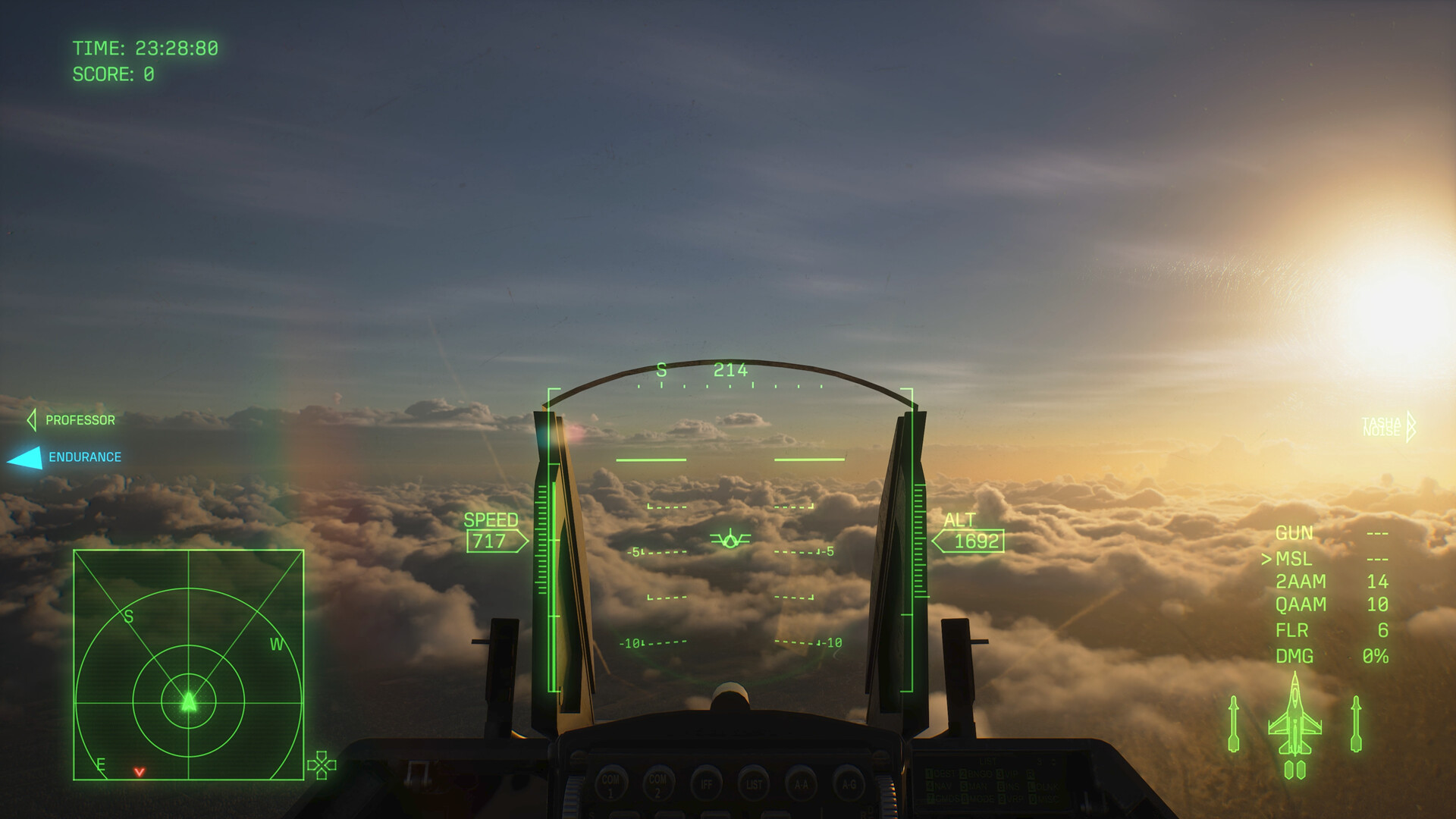 Cockpit view of a fighter flying into a sunset above a sea of clouds