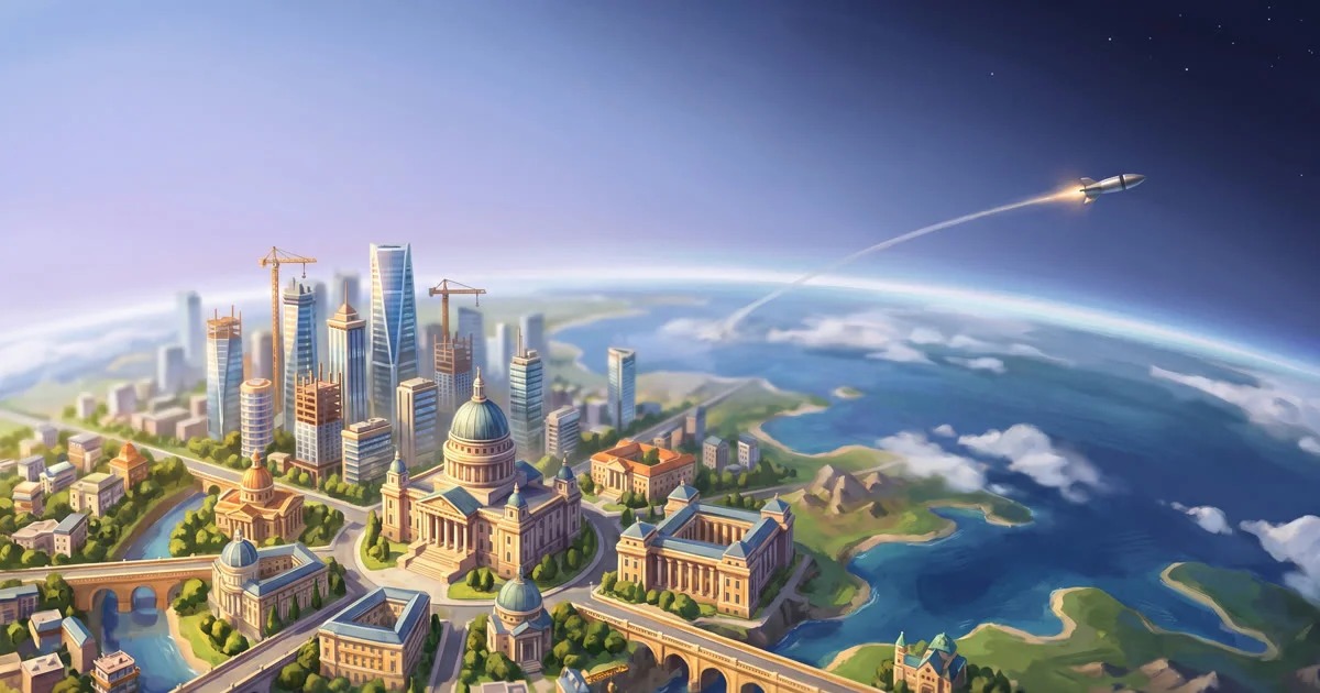 Geoplanetical key art showing a coastal city with government buildings, construction cranes, and a rocket launch beneath the curvature of the Earth