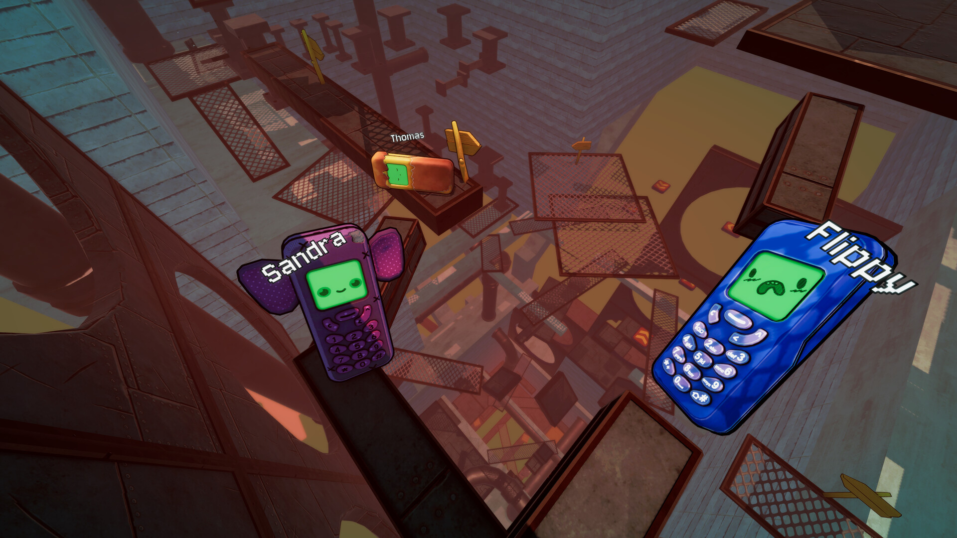Flipping is Hard — co-op climb through rusty industrial scaffolding with phones named Sandra and Thomas