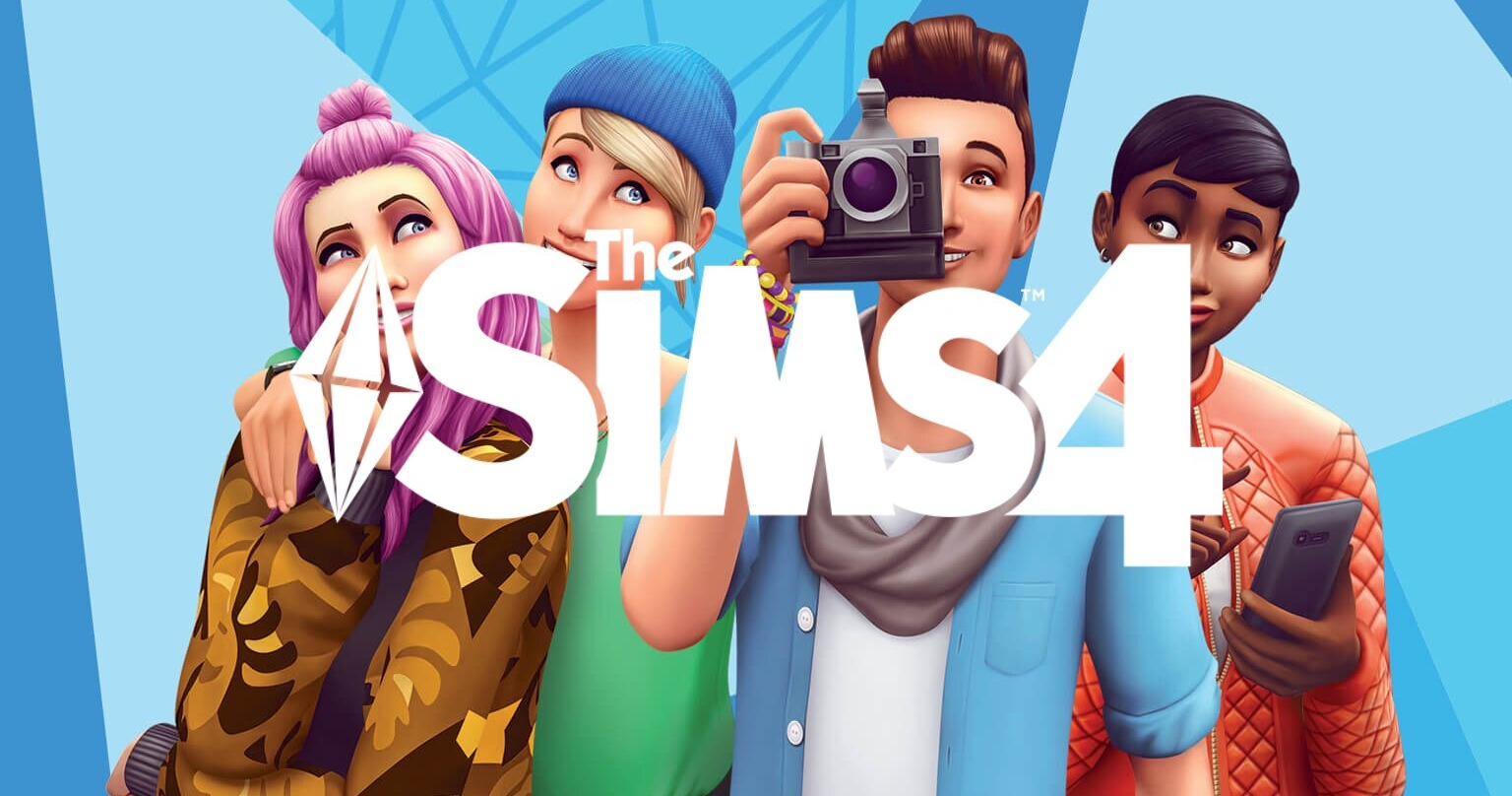 Official The Sims 4 key art showing four Sims in front of a blue geometric background with the game logo.