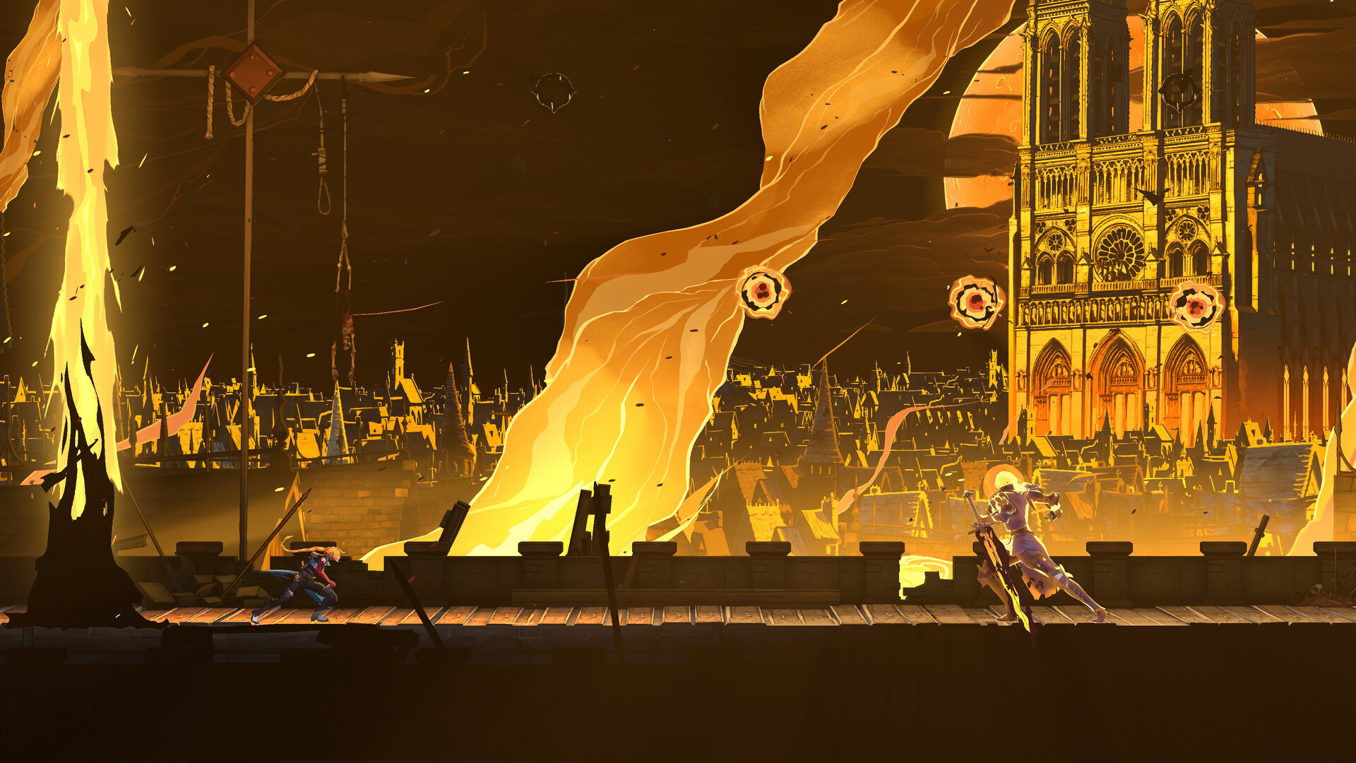 Castlevania: Belmont's Curse Notre Dame rooftop traversal at sunset as a golden giant rises