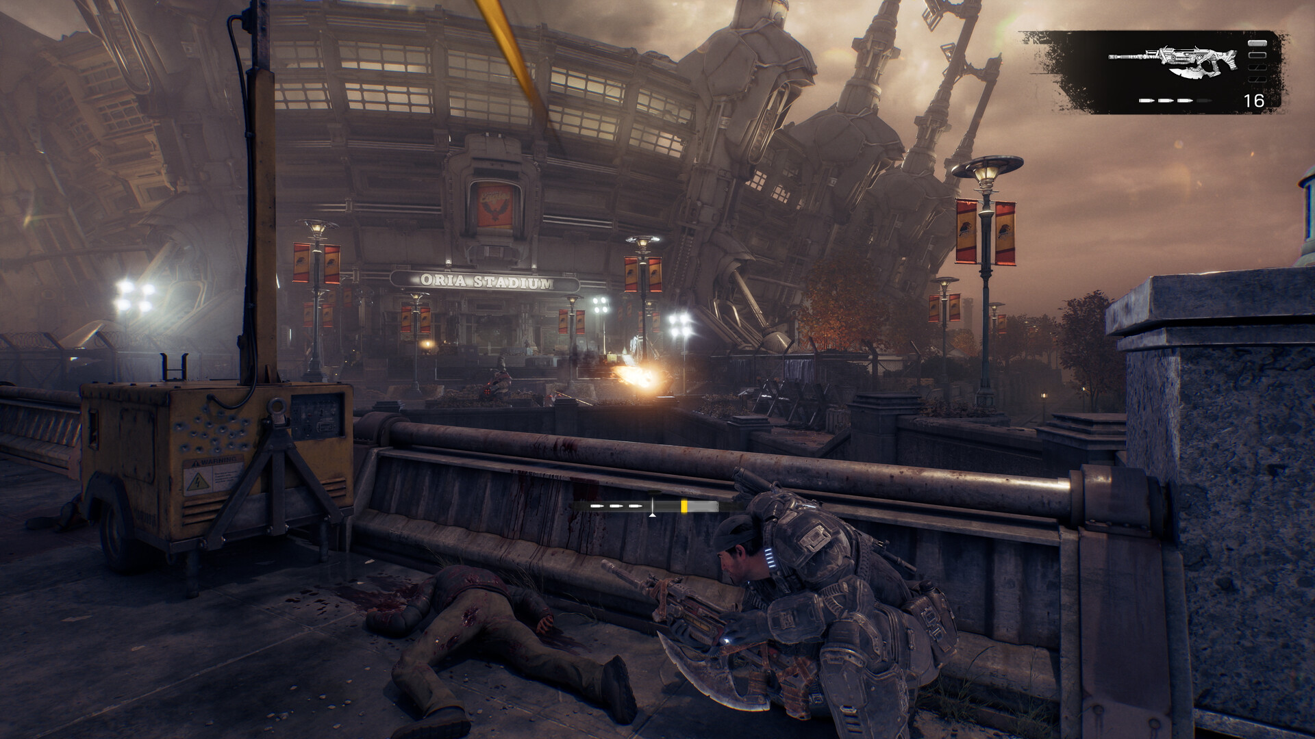 Marcus Fenix pushes through Emergence Day chaos