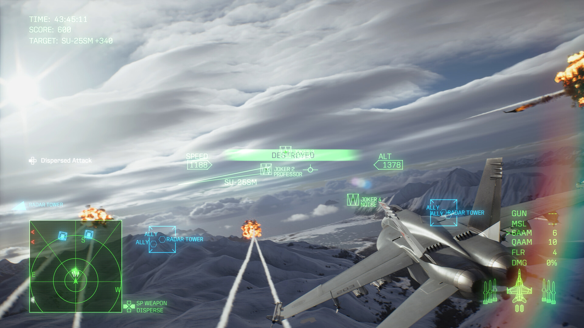 A dogfight erupts over a snowy mountain range with flares and missile trails
