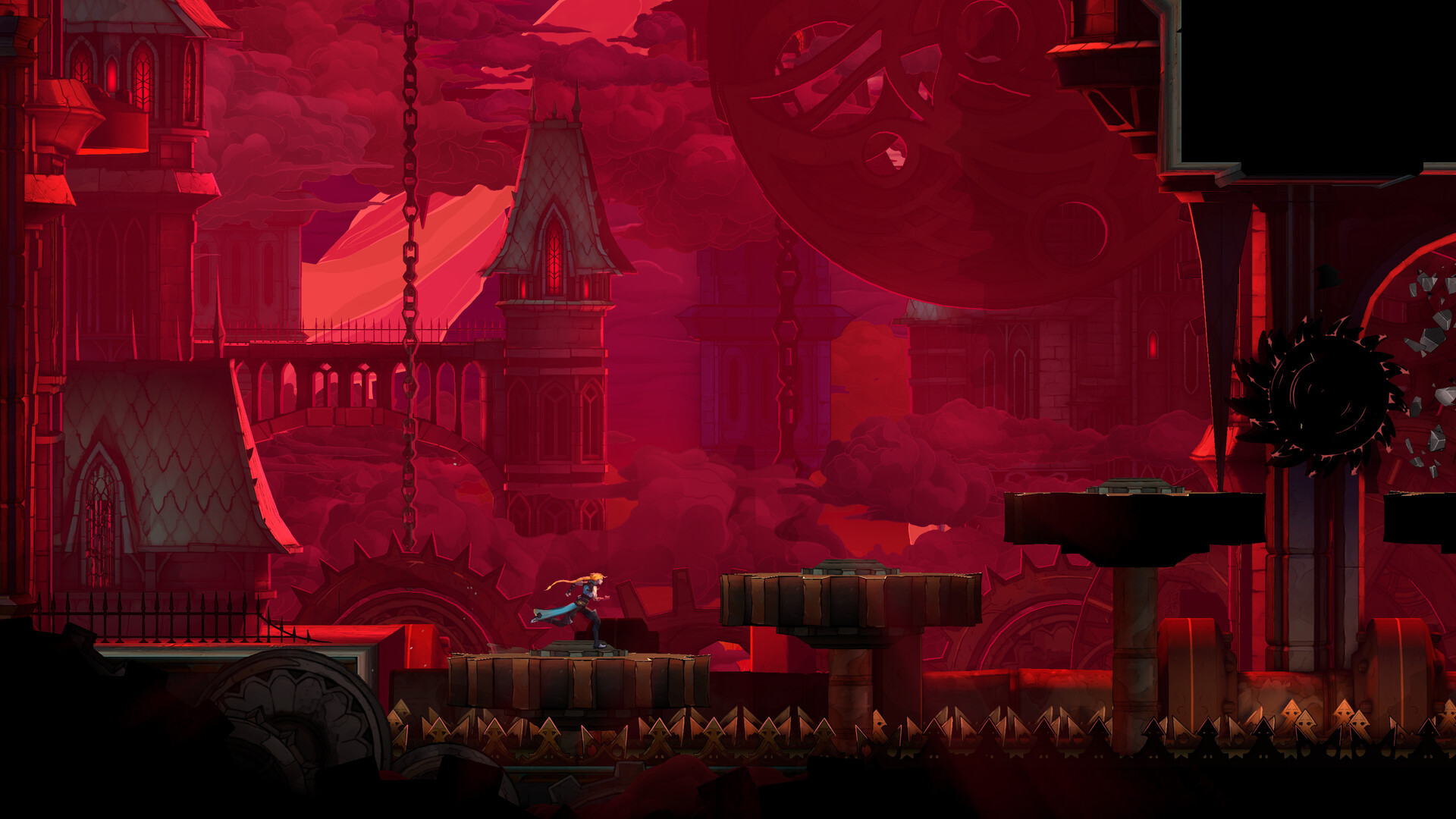 Castlevania: Belmont's Curse red-lit castle exterior with spike beds and gears