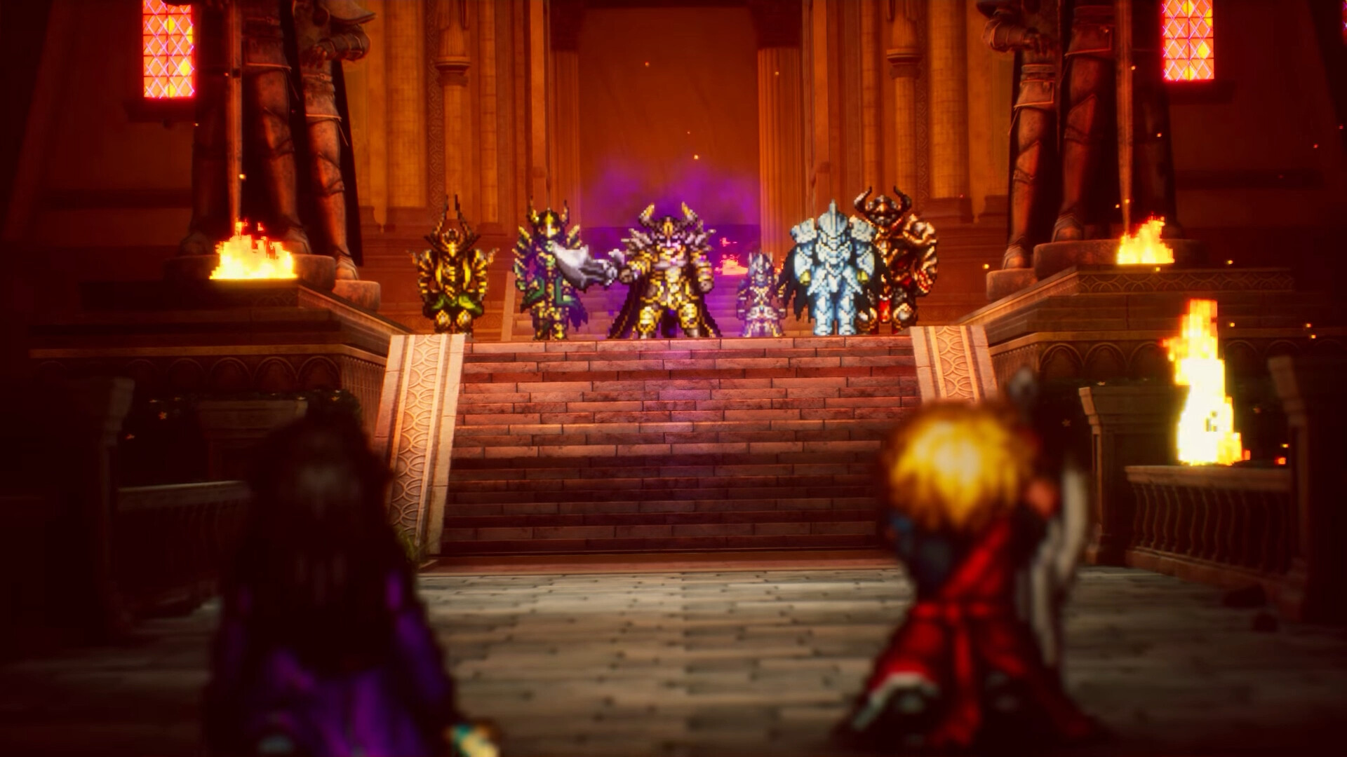 FINAL FANTASY RESONANCE two party members confronting five armored foes on a temple staircase