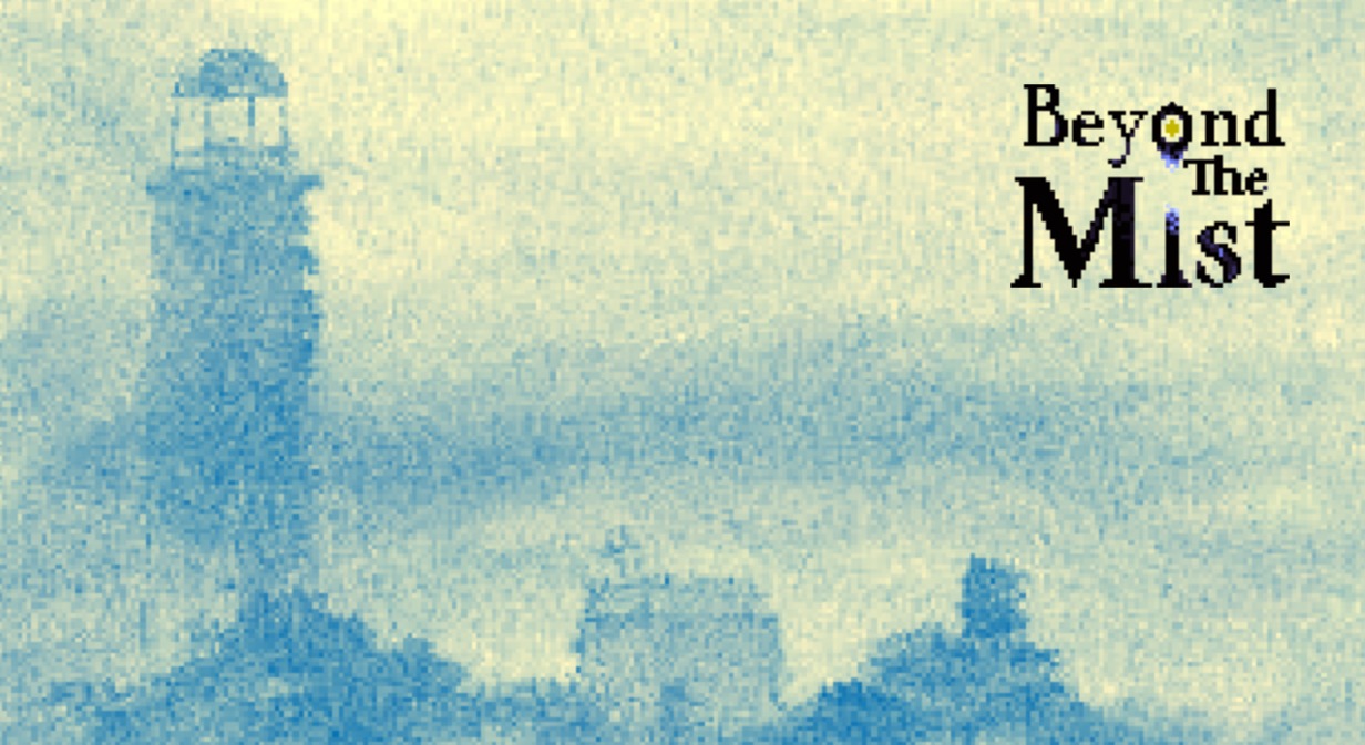Official Beyond The Mist key art: a stylized blue lighthouse on rocks beside the game's serif title logo