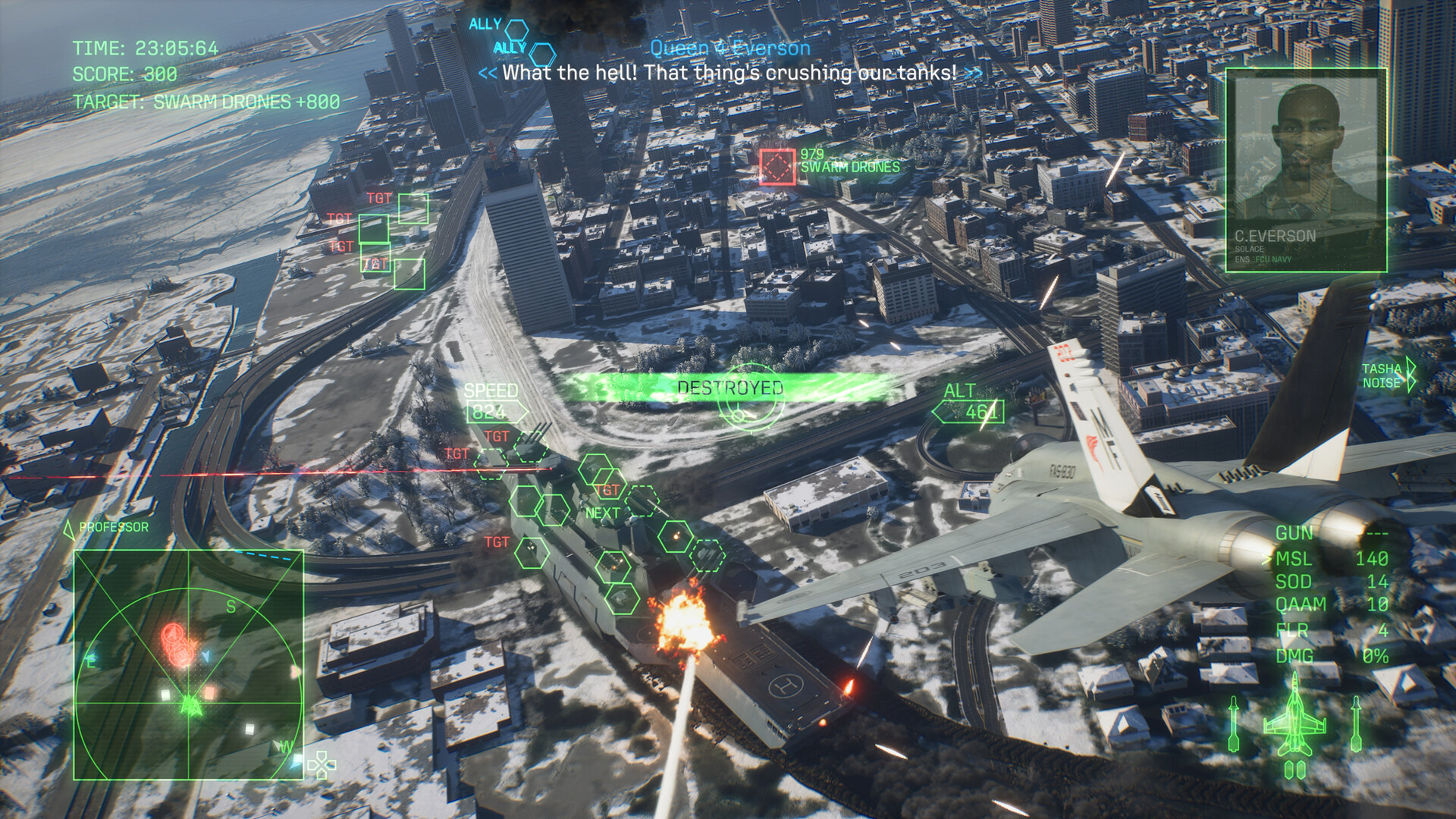 A fighter defends a coastal city from an incoming swarm of drones