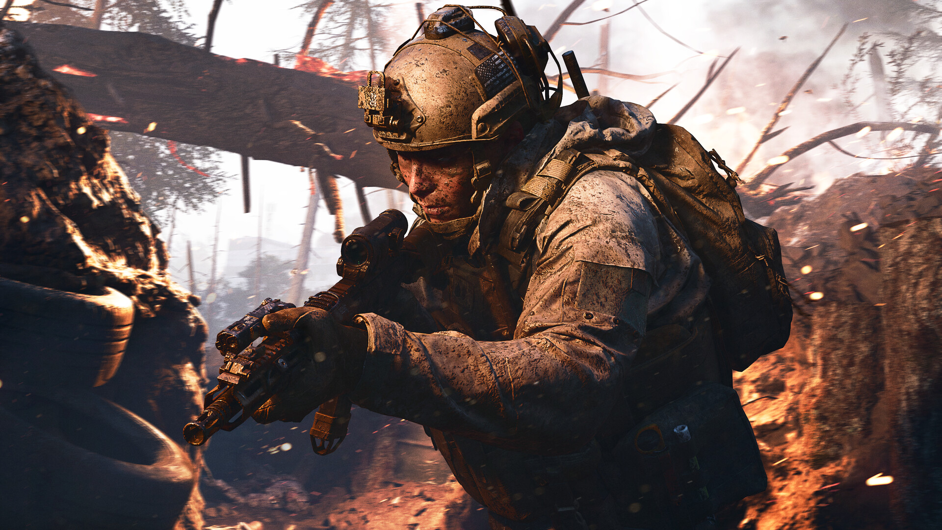 Call of Duty: Modern Warfare 4 soldier crawling through mud and fire during a jungle explosion