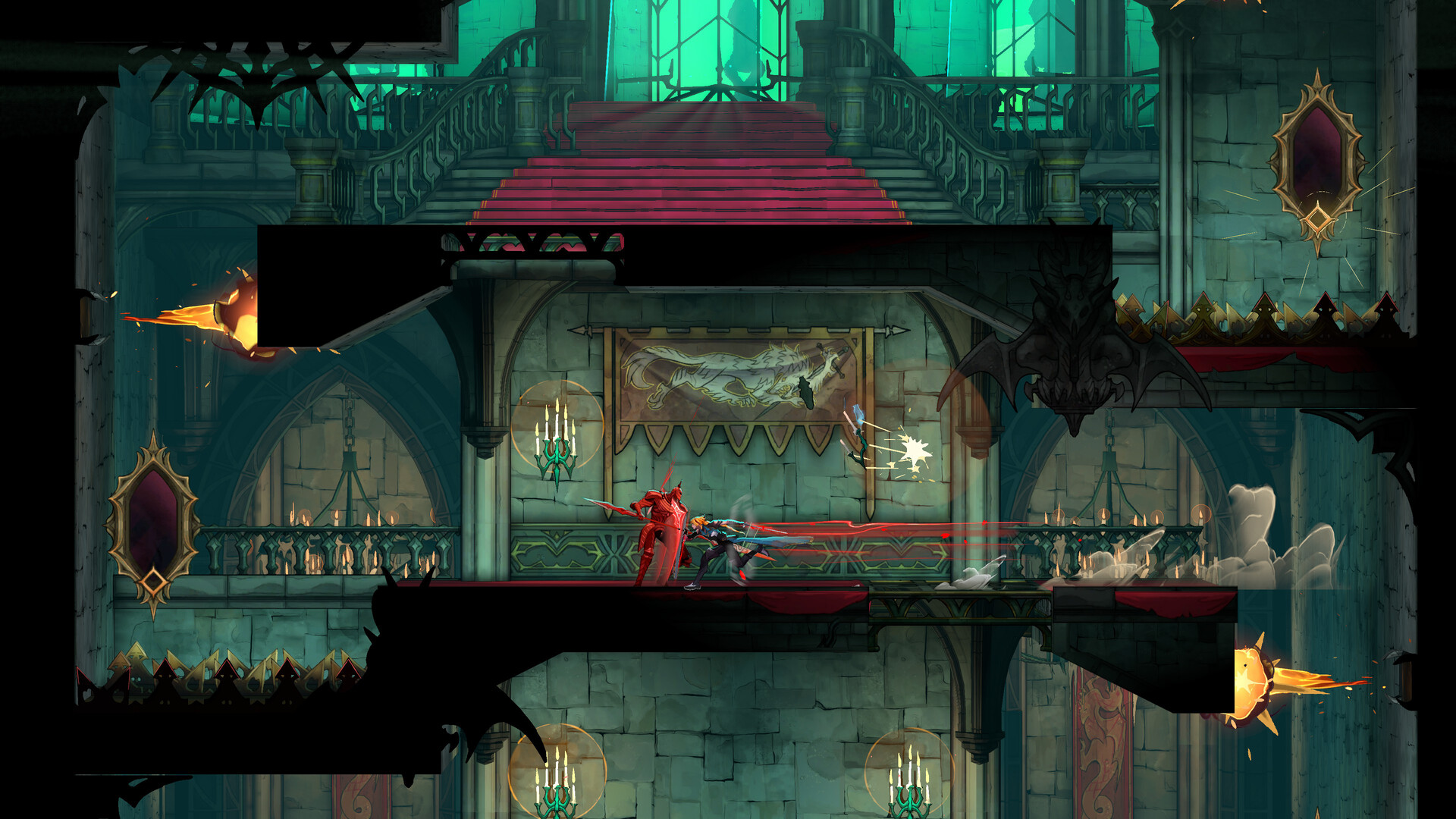 Castlevania: Belmont's Curse dash-strike combat against a red-armored spearman on a grand staircase