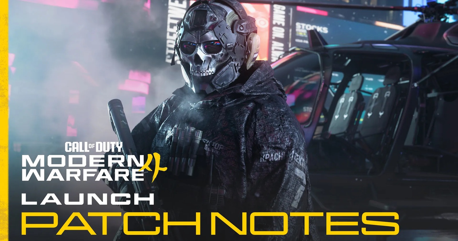 Call of Duty: Modern Warfare 4 launch patch notes key art featuring Ghost with a helicopter behind him