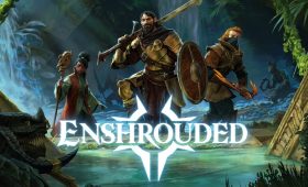 Official Enshrouded 1.0 key art with three adventurers posed in bright jungle ruins above the Enshrouded logo