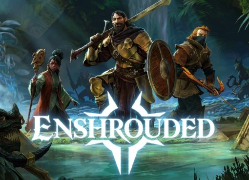 Official Enshrouded 1.0 key art with three adventurers posed in bright jungle ruins above the Enshrouded logo