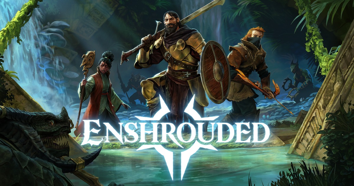 Official Enshrouded 1.0 key art with three adventurers posed in bright jungle ruins above the Enshrouded logo
