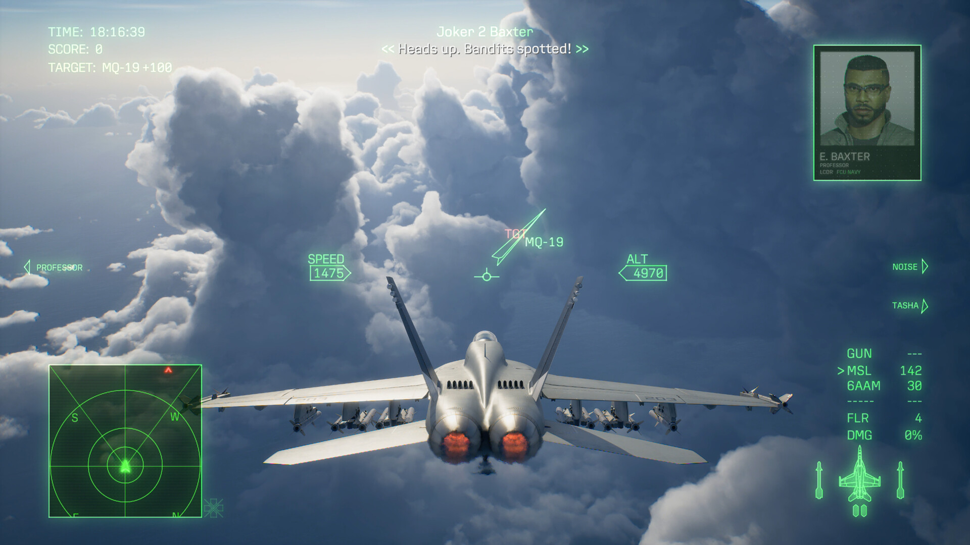 An F-15 engages an enemy drone high above a layer of clouds