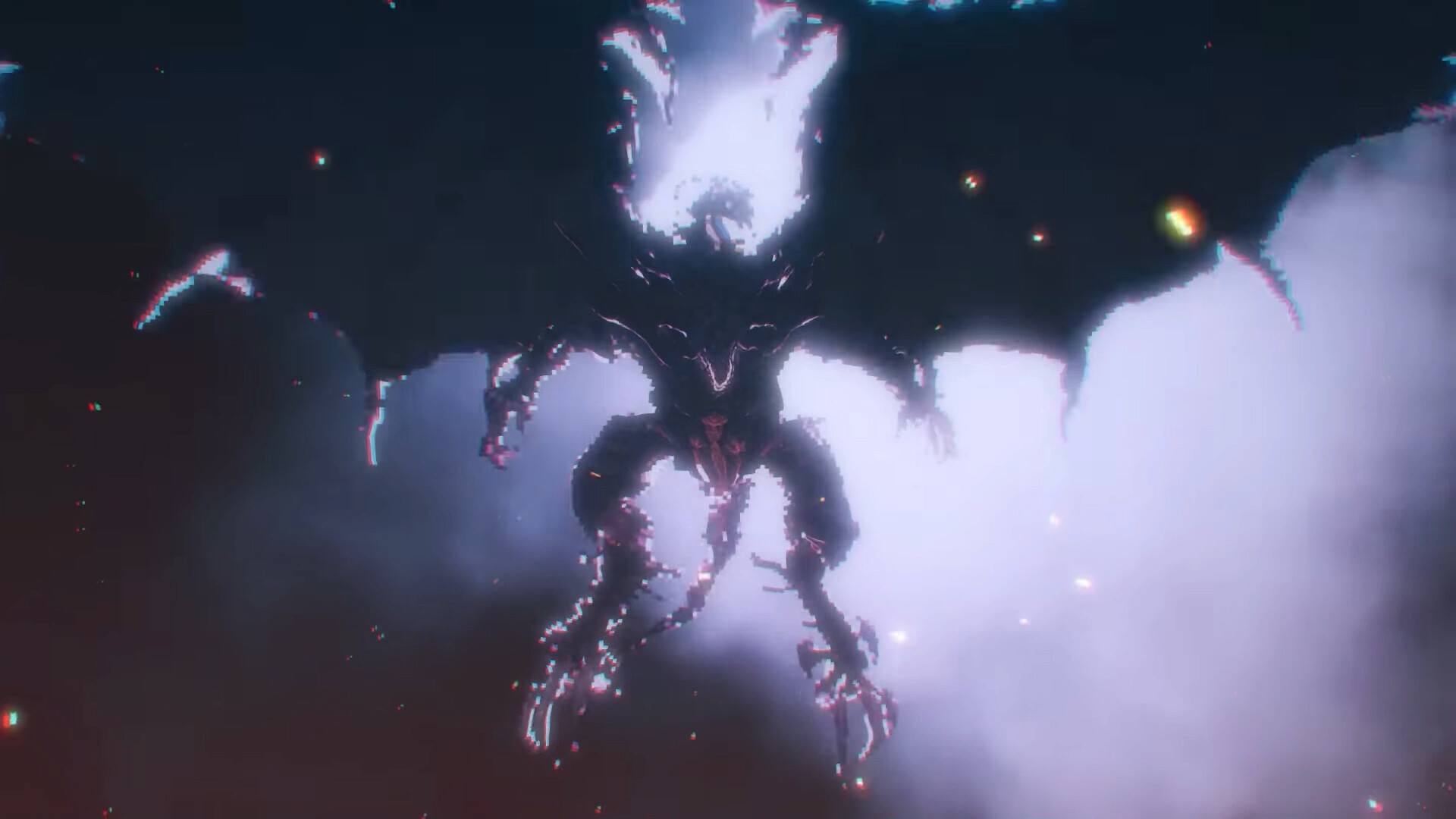 FINAL FANTASY RESONANCE winged demonic creature hovering in a dark foggy arena with glowing particles