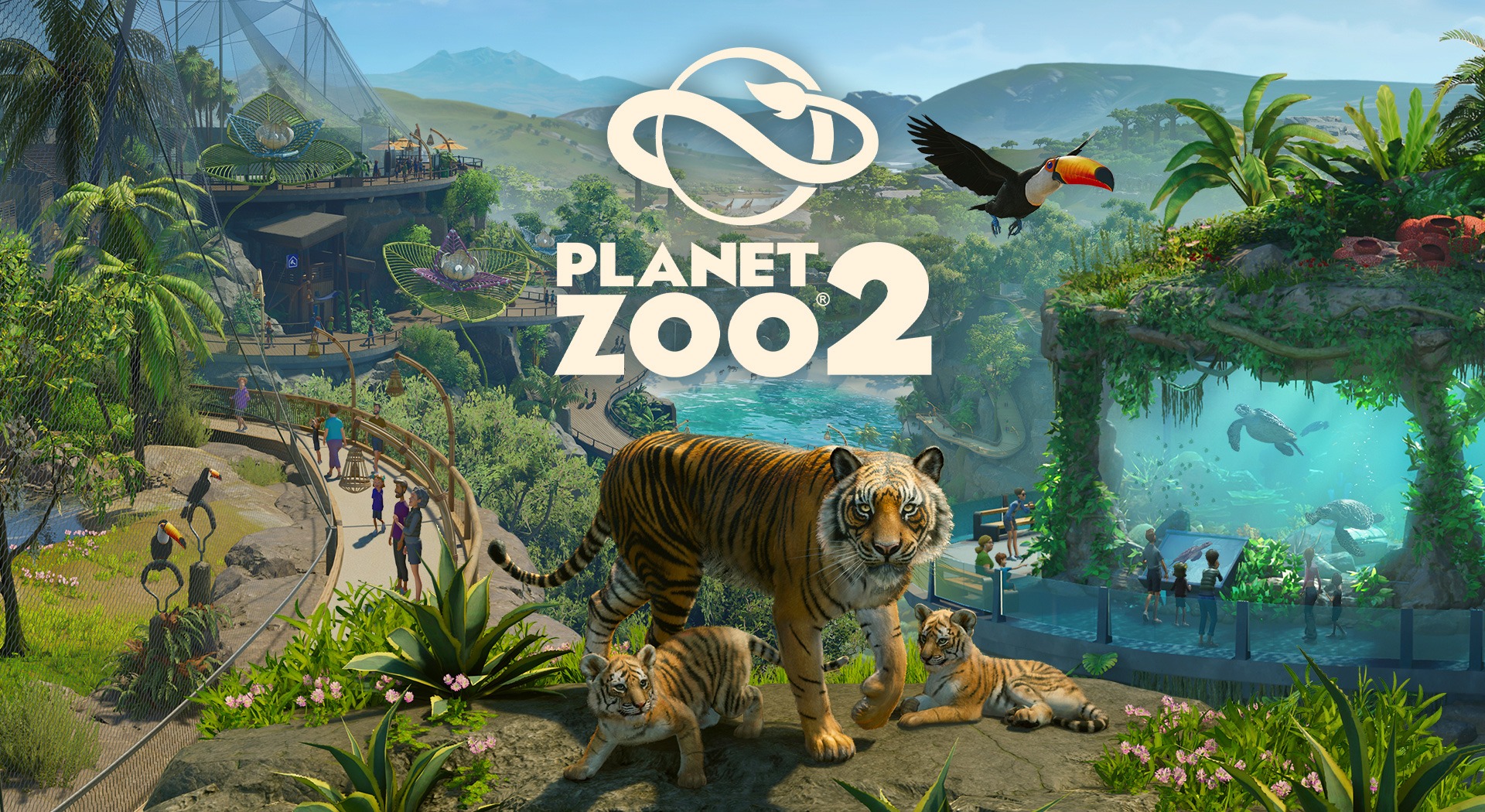 Planet Zoo 2 key art with a tiger and cubs, a flying toucan and an aquatic exhibit beneath the game logo