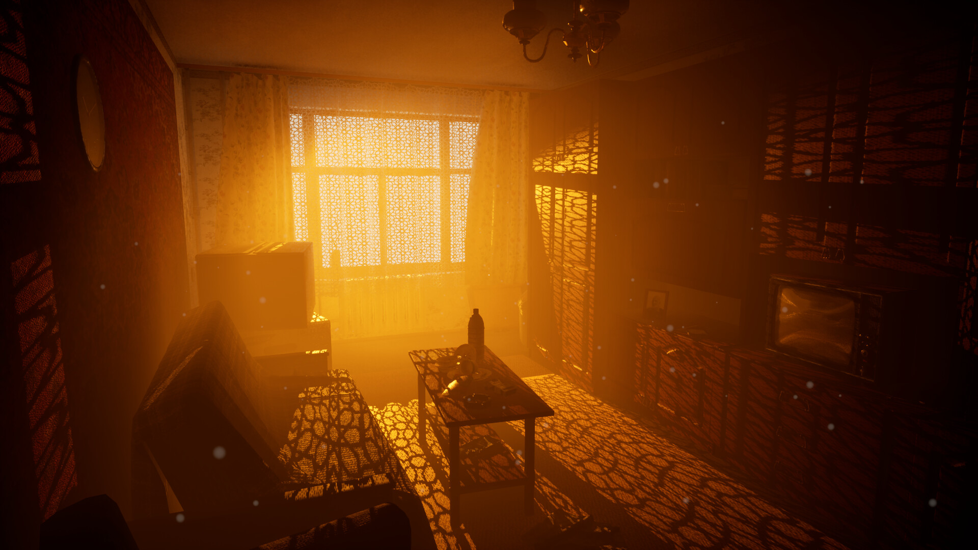 Golden sunlight floods a Soviet living room, casting lace-pattern shadows on furniture