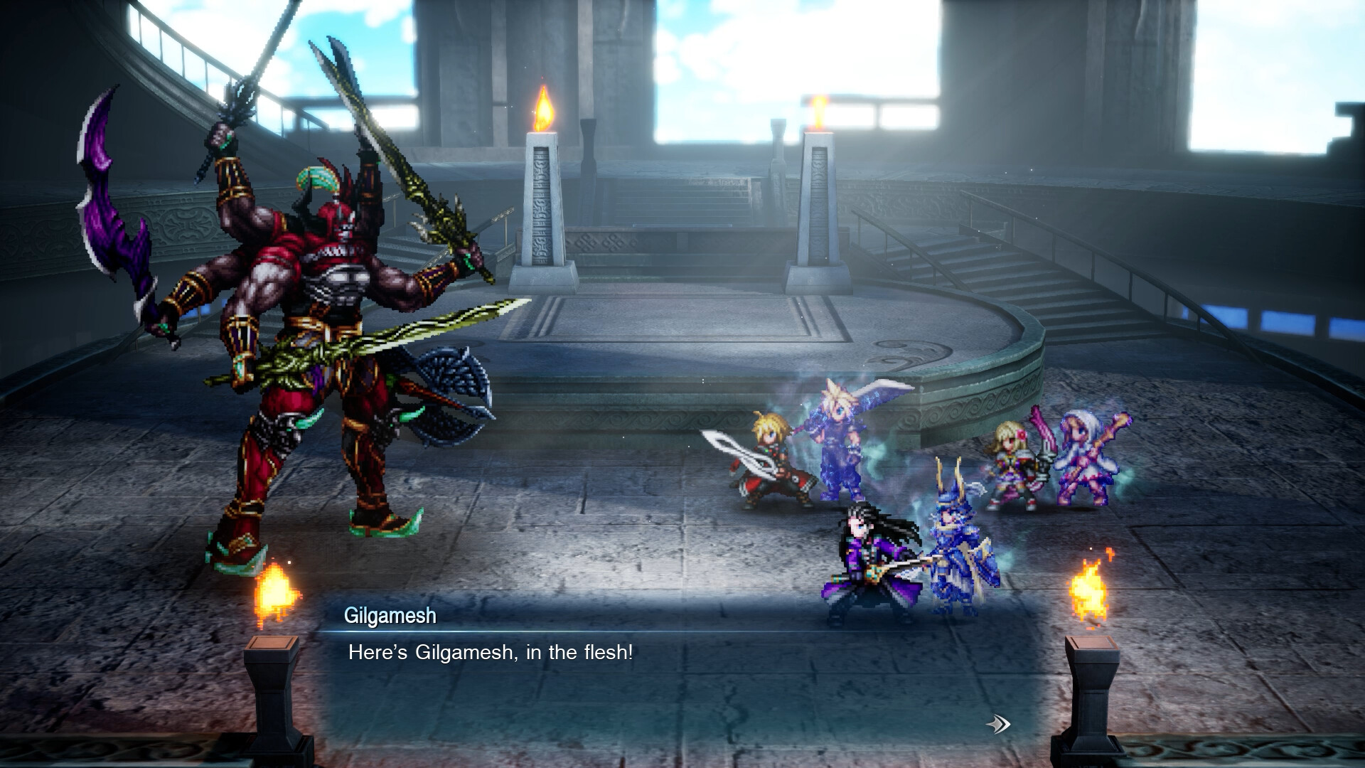 FINAL FANTASY RESONANCE five heroes facing the six-armed Gilgamesh as a dialogue box delivers his entrance line