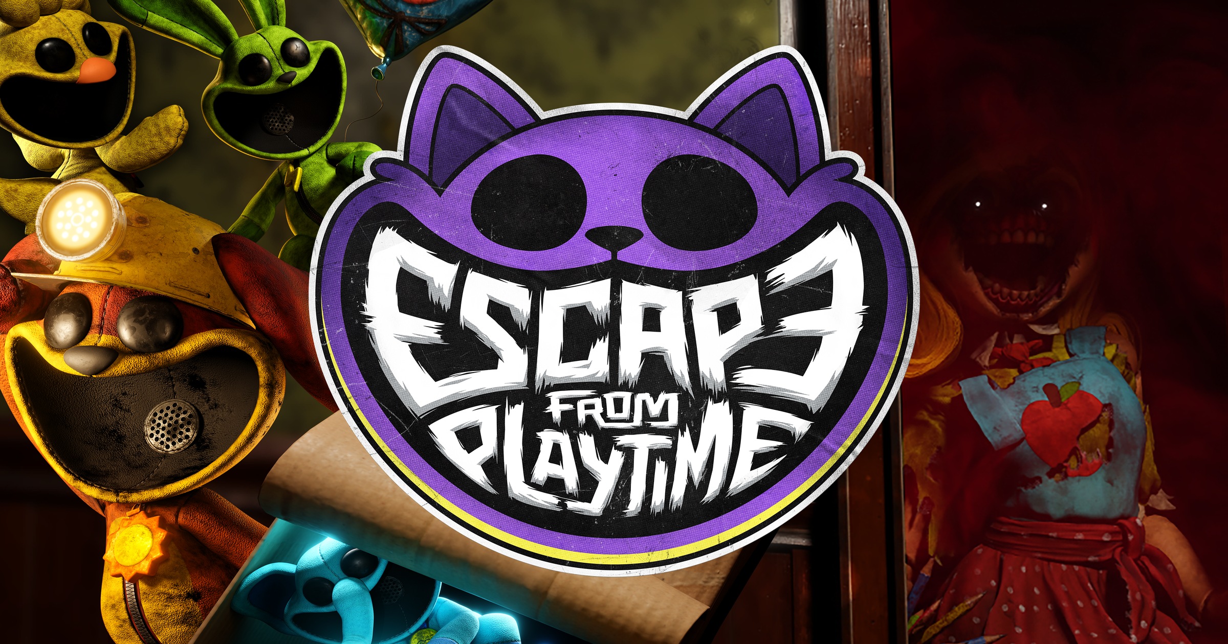 Escape From Playtime key art with the game's purple cat logo and Smiling Critters characters