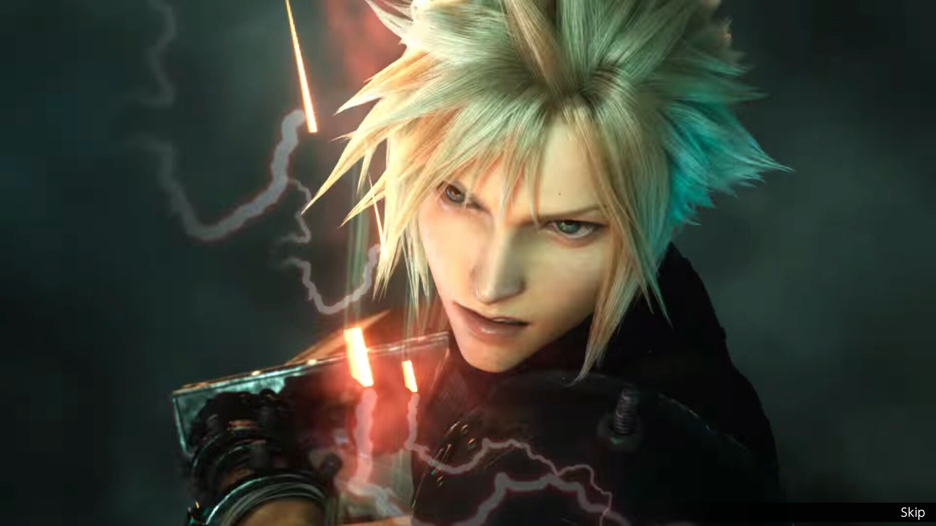 FINAL FANTASY RESONANCE cinematic close-up of Cloud Strife with the glowing Buster Sword and a skip prompt