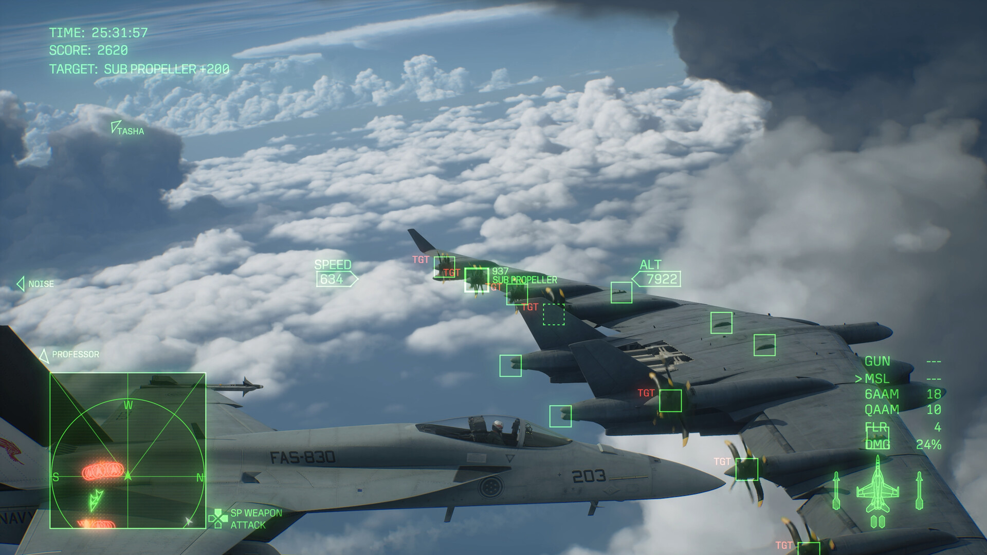 An F/A-18 flies escort alongside a large four-engine bomber
