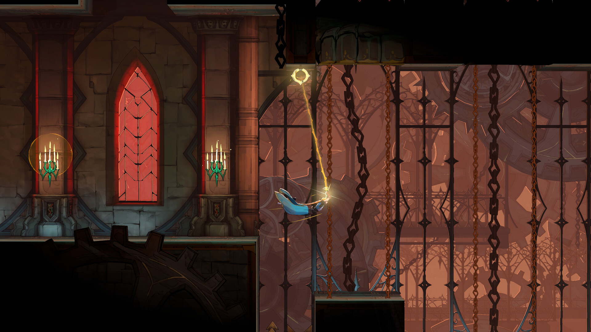 Castlevania: Belmont's Curse Rose Belmont swinging on a whip grapple between stone pillars