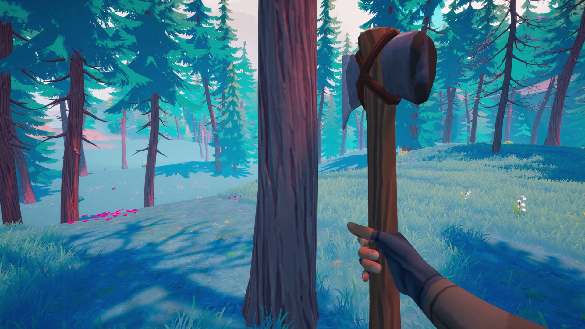 Under Canopies — a stone-topped axe held before a towering conifer in a sunlit blue-green forest