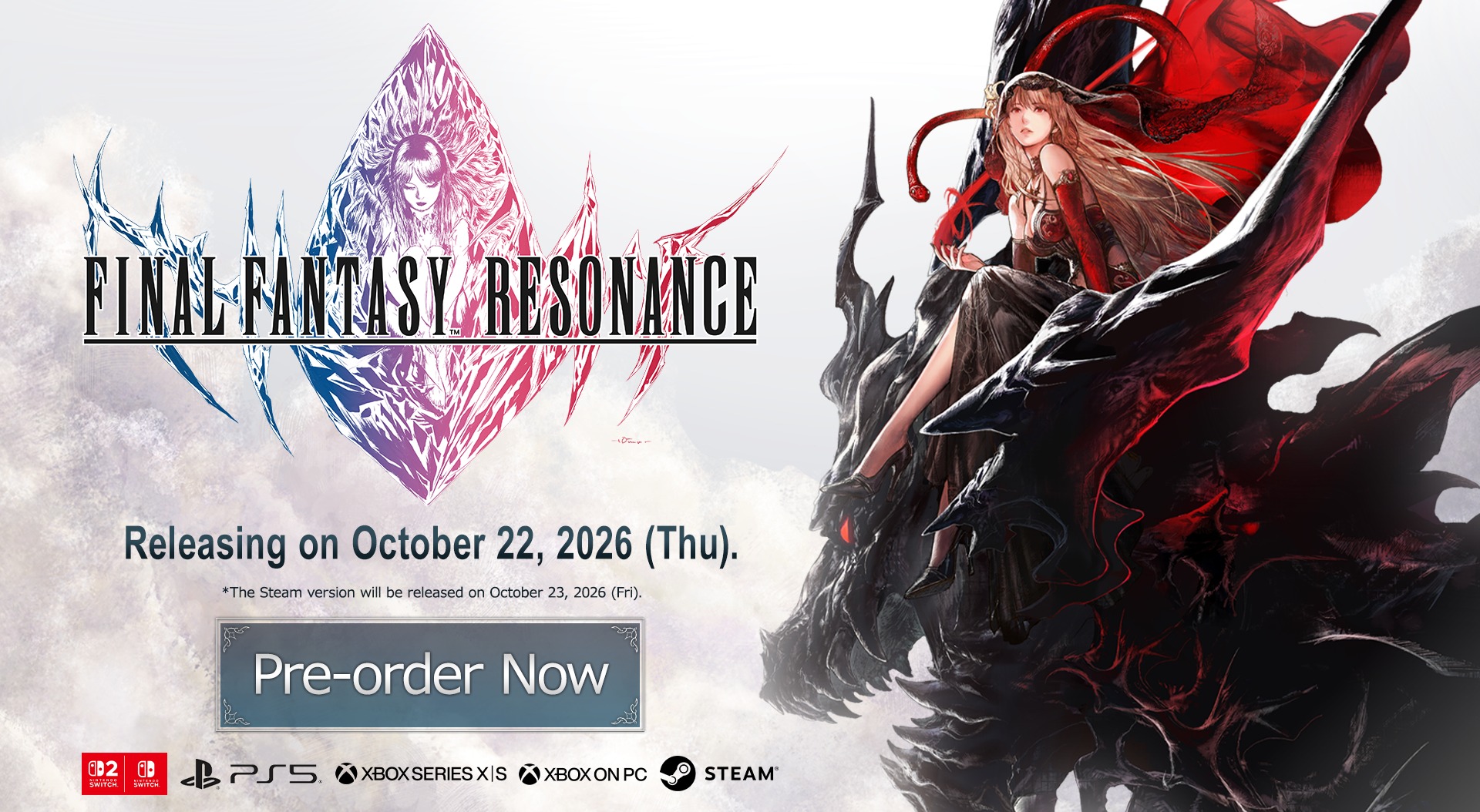 Official FINAL FANTASY RESONANCE release key art showing the title logo and a heroine riding a dark creature, releasing October 22, 2026.