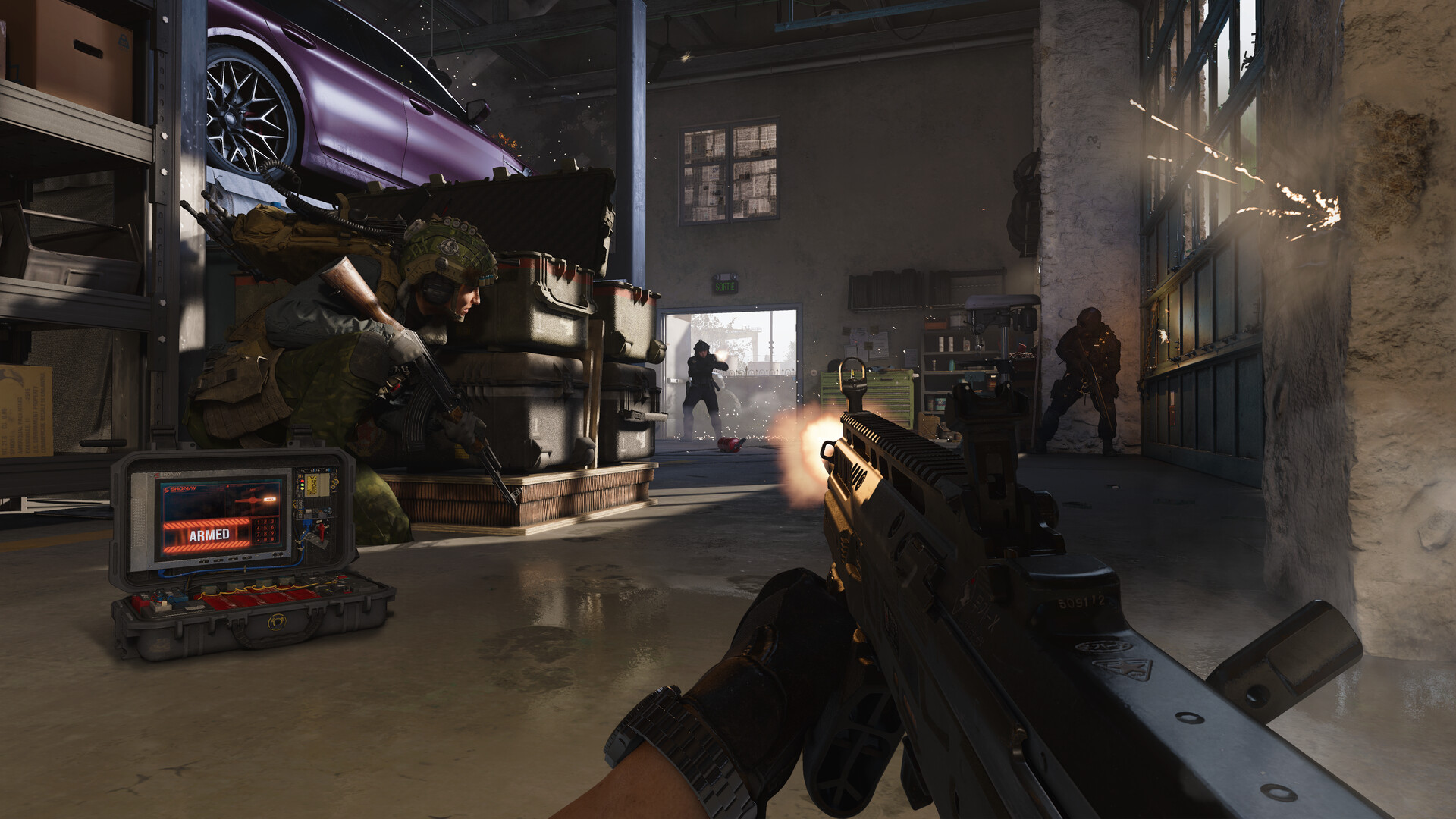 Call of Duty: Modern Warfare 4 first-person firefight while defending a bomb site in a warehouse