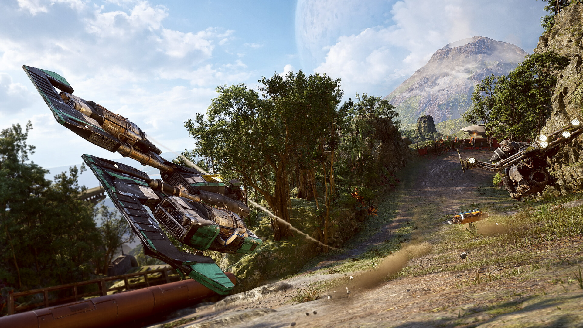 A racing craft banks hard on a dirt track through open woods with a planet overhead